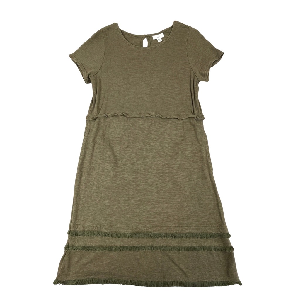 J. Jill Womens S Petite Olive Green Fringe Trim Pocket Dress Short Sleeve 152042